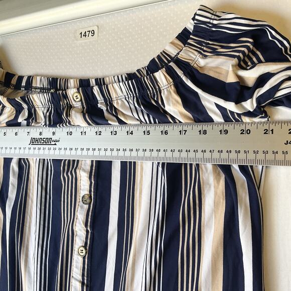 No Comment NY-LA Women Mini Dress XL Navy Striped Shift 3/4 Sleeve Off Shoulder - Picture 5 of 9